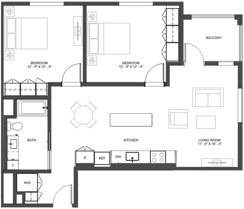 Floor plan for 2 beds, 1 bath, 1017 sqft